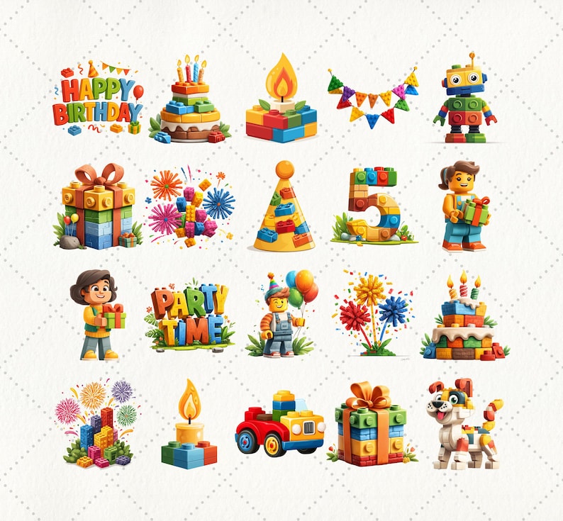 50 PNG Birthday Clipart in a playful building block theme. Set includes happy kids, presents, balloons, cakes, colorful numbers, robots, cars, garlands, and party decor made of toy bricks. High-quality images with transparent background, ideal for planners, stickers, sublimation, party invitations, and digital crafts.