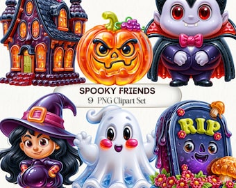 May include: A digital illustration set featuring a dark purple haunted house, an orange jack-o'-lantern, a vampire, a witch with black hair, a white ghost, and a tombstone with the text RIP. The text SPOOKY FRIENDS 9 PNG Clipart Set is centered.