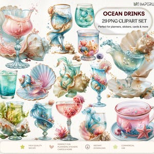 Könnte beinhalten: Aquarell-Clipart-Set mit verschiedenen Getränken zum Thema Ozean in Gläsern und Tassen, mit Muscheln und Wasserelementen. Der Text lautet "OCEAN DRINKS 29 PNG CLIPART SET" und "Perfect for planners, stickers, cards & more."
