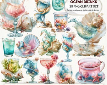 Coastal Cocktail Graphics PNG Bundle | Ocean Drinks Clipart for Summer Parties  (Digital Download)