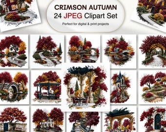 Crimson Autumn JPEG Bundle | Red Fall Landscape & Cozy Cottage Watercolor Art | Printable (Digital Download)