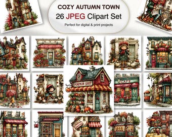 Cozy Autumn Town JPEG Bundle | Village, Pumpkin Shop, Cafe (Digital Download)
