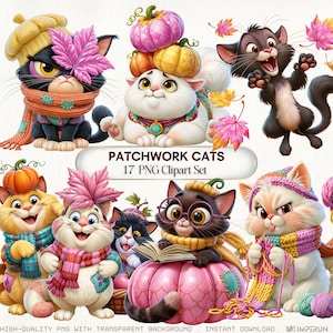 Könnte beinhalten: Eine digitale Sammlung von 17 Patchwork-Katzen-Illustrationen mit verschiedenen Katzen im Herbst-Thema, darunter Katzen mit Strickschals, Mützen und Brillen, die mit Kürbissen, bunten Herbstblättern und Wollknäueln dargestellt sind.