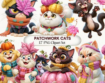 Kawaii Fall Cats PNG Bundle | Adorable Patchwork & Pumpkin Clipart for Autumn (Digital Download)