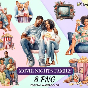 Watercolor Movie Night Clipart: Afro-American Family Edition (Digital)