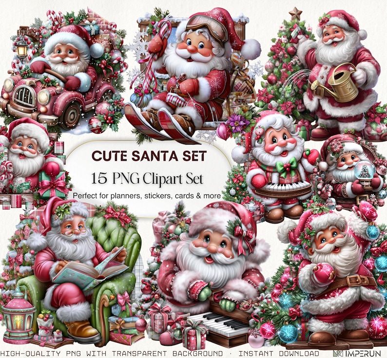 Pink Santa Clipart Set, Kawaii Christmas PNG Bundle (15 Files) - Etsy