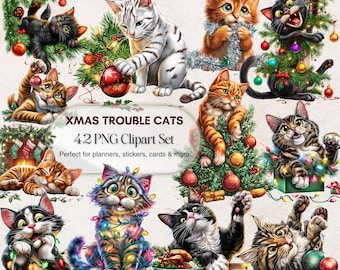Christmas Cat Clipart Set | Funny Xmas Kitten PNG (Digital Download)