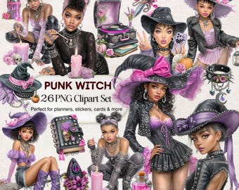 May include: A digital illustration featuring multiple punk witch characters in various poses. The artwork includes witch hats, corsets, and accessories in shades of black, purple, and pink. Text reads "PUNK WITCH 26 PNG Clipart Set".