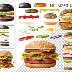 May include: A black and white burger with lettuce, tomato, and cheese. The burger is made up of individual ingredients, including a black bun, a beef patty, cheese, lettuce, tomato, and a sesame seed bun. The burger is on a white background.