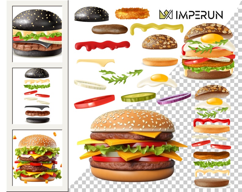 May include: A black and white burger with lettuce, tomato, and cheese. The burger is made up of individual ingredients, including a black bun, a beef patty, cheese, lettuce, tomato, and a sesame seed bun. The burger is on a white background.