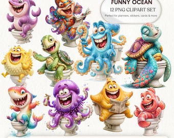 Kawaii Ocean Clipart Bundle | Funny Sea Creatures & Marine Life PNG (Digital Download)