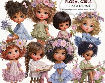 Floral Girls Clipart PNG, Spring Baby Girl Characters, Whimsical Nursery Graphics (Digital Download)