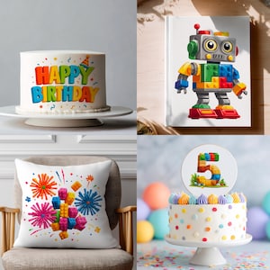 Pode incluir: Um bolo branco com letras coloridas "HAPPY BIRTHDAY" e um chap&eacute;u de festa. Uma capa de livro com um rob&ocirc; feito de blocos coloridos. Uma almofada branca com um design colorido de fogos de artif&iacute;cio. Um bolo com o n&uacute;mero 5 feito de blocos.
