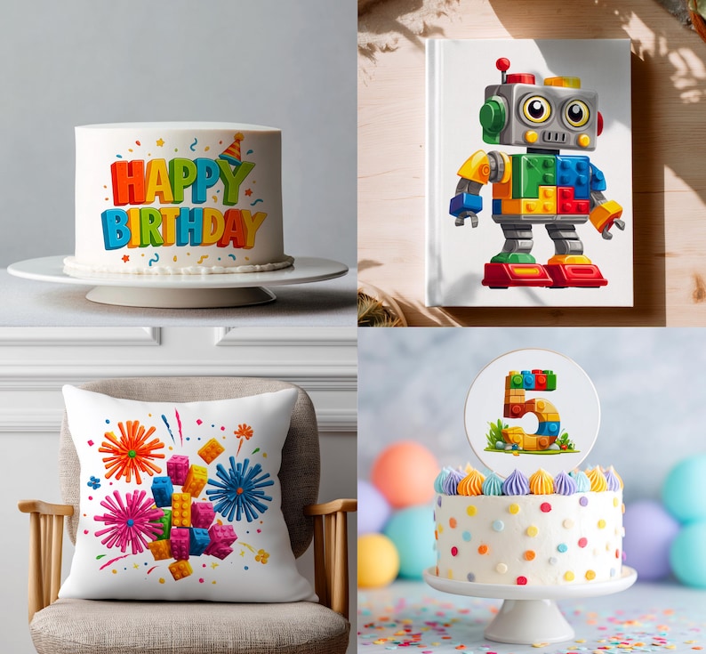 Pode incluir: Um bolo branco com letras coloridas "HAPPY BIRTHDAY" e um chap&eacute;u de festa. Uma capa de livro com um rob&ocirc; feito de blocos coloridos. Uma almofada branca com um design colorido de fogos de artif&iacute;cio. Um bolo com o n&uacute;mero 5 feito de blocos.