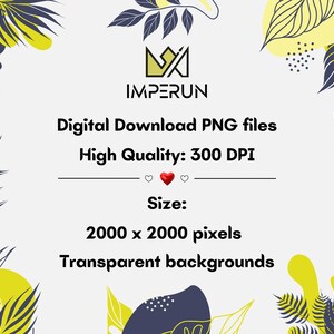 May include: A digital download graphic with the Imperun logo, featuring text: Digital Download PNG files, High Quality: 300 DPI, Size: 2000 x 2000 pixels, and Transparent backgrounds. The design includes yellow and navy blue leaf and floral elements.