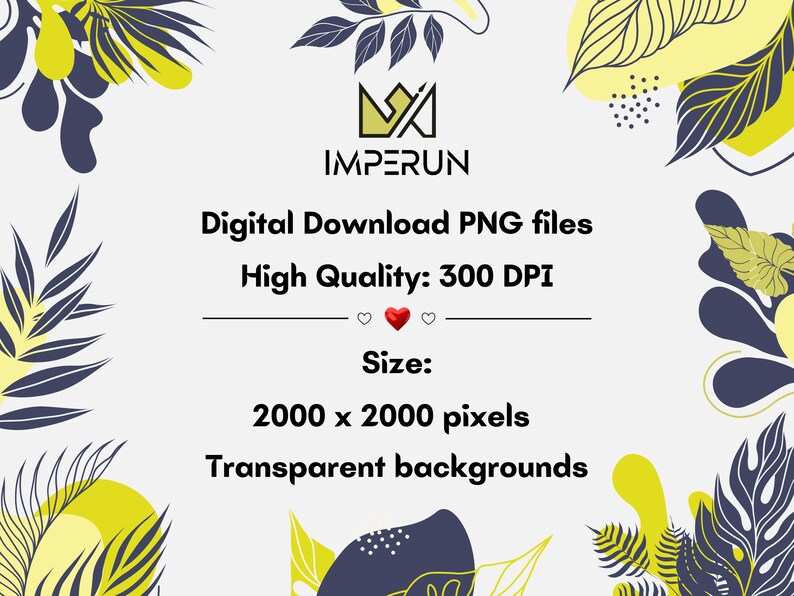 May include: A digital download graphic with the Imperun logo, featuring text: Digital Download PNG files, High Quality: 300 DPI, Size: 2000 x 2000 pixels, and Transparent backgrounds. The design includes yellow and navy blue leaf and floral elements.
