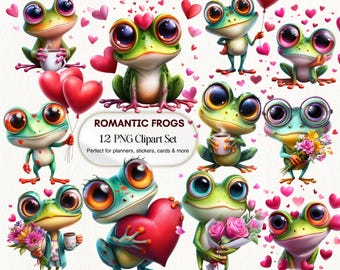 Kawaii Valentine Frog Clipart, Romantic PNG Set (Digital Download)