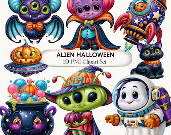 May include: A digital clipart set titled ALIEN HALLOWEEN 19 PNG Clipart Set featuring cartoon characters including a purple bat, a vampire alien, a rocket ship with a pumpkin, a black cat, a pumpkin UFO, a cauldron, and a ghost astronaut.