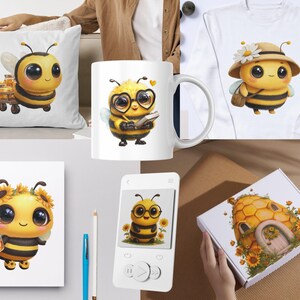 May include: A collection of items featuring cartoon bees. Includes a pillow, mug, sweatshirt, notebook, phone, and a box. The bees are yellow and black, with large eyes and various accessories. The items are decorated with honey, sunflowers, and bee-related imagery.