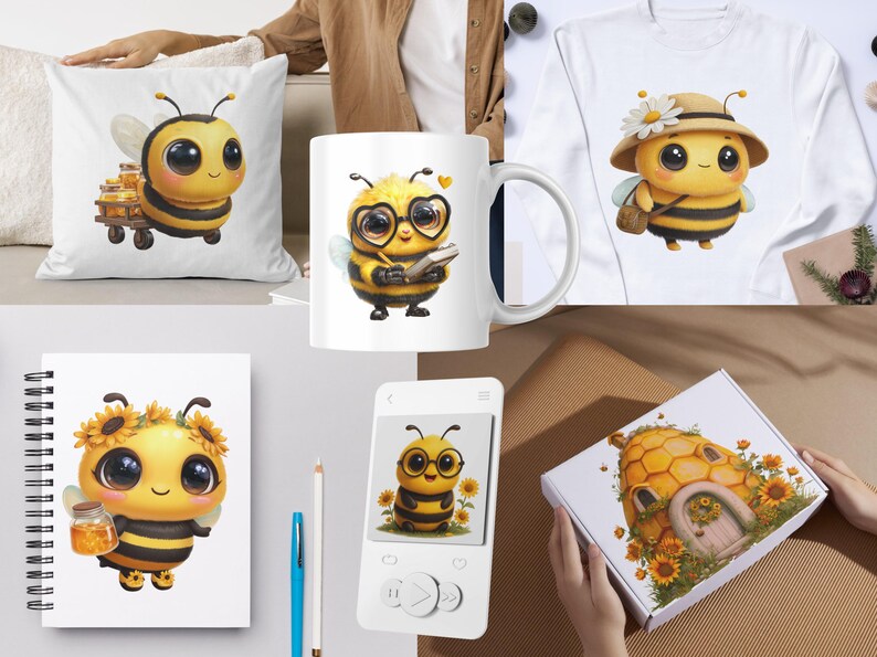 May include: A collection of items featuring cartoon bees. Includes a pillow, mug, sweatshirt, notebook, phone, and a box. The bees are yellow and black, with large eyes and various accessories. The items are decorated with honey, sunflowers, and bee-related imagery.