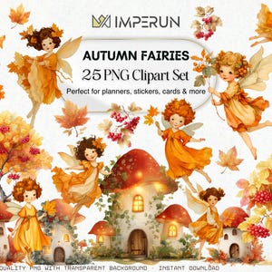 Set di clipart di fate autunnali / 25 illustrazioni di fate autunnali in formato PNG con foglie, case nella foresta
