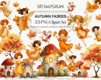 Autumn Fairies Clipart Set | 25 PNG Fall Fairy Illustrations with Leaves,  Forest Houses