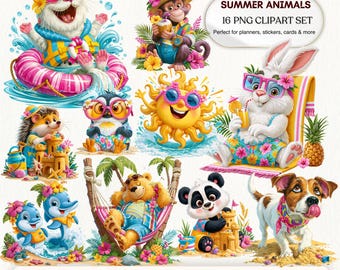 Summer Animals Clipart PNG | Tropical Beach & Pool Party Graphics (Digital Download)