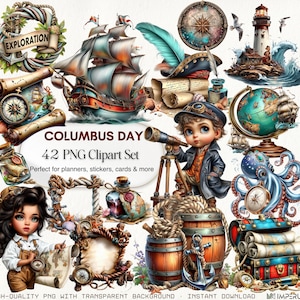 Puede incluir: Un conjunto de imágenes prediseñadas digitales con temática náutica, que presenta un barco de vela, un faro, una brújula, un globo terráqueo y un niño con un telescopio. El texto dice "COLUMBUS DAY 42 PNG Clipart Set". Perfecto para planificadores, pegatinas, tarjetas y más.