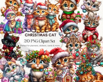 Christmas Kitten Clipart Set, Festive Cat Illustrations (20 PNG)