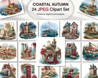 Coastal Autumn Clipart Bundle - Lighthouse JPEG for Beach Cottage Decor (Digital Download)