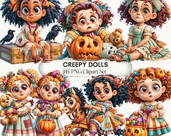 May include: A digital collection of 16 creepy dolls featuring various characters with stitched faces, curly hair, and colorful outfits. The dolls are depicted with accessories including pumpkins, a rocking horse, teddy bears, and black birds.