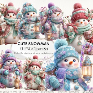 May include: A collection of nine cute snowman clipart images. Each snowman is adorned with a hat, scarf, and mittens in pastel colors. Some snowmen hold gifts and lanterns. Text on the image reads "CUTE SNOWMAN 9 PNG Clipart Set".