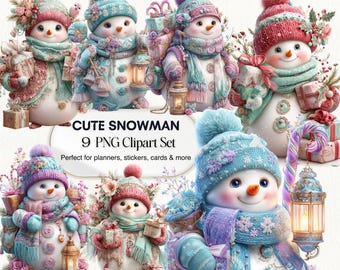 Snowman Clipart Set: 9 Christmas PNG, Winter Holiday Art (Digital Download)