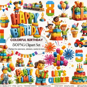 Puede incluir: Un conjunto de imágenes prediseñadas con temática de cumpleaños, con un tren, pastel, regalos y las palabras "Happy Birthday" y "Party Time". El conjunto incluye figuras y decoraciones, perfecto para planificadores, pegatinas y tarjetas.