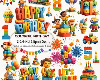 Birthday Clipart Set: Colorful Building Blocks Party Decorations (50 PNG)