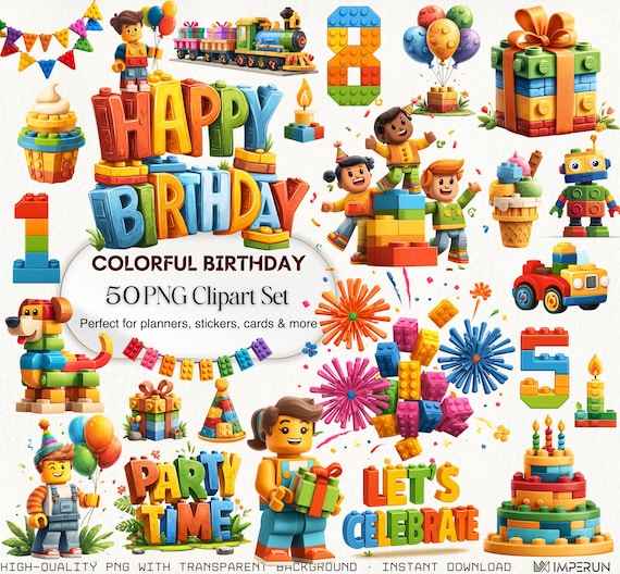 Birthday Clipart Set: Colorful Building Blocks Party Decorations (50 PNG)