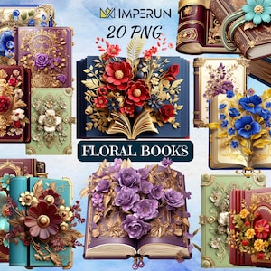 Vintage Floral Book Clipart Bundle: Colorful Book Illustrations (PNG Digital Art)