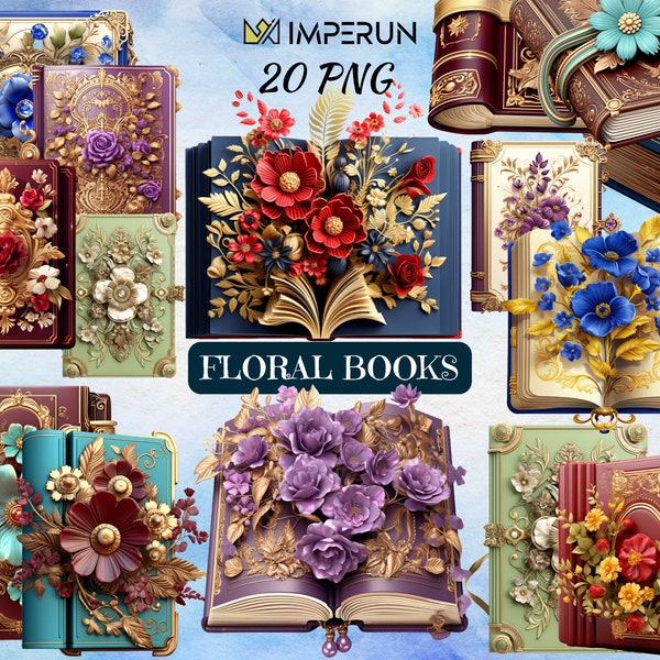 Colorful Vintage Floral Book Clipart Bundle, Png, Book Illustrations, Book Lover's, Book Print, Flowers, Digital Art, Commercial Use