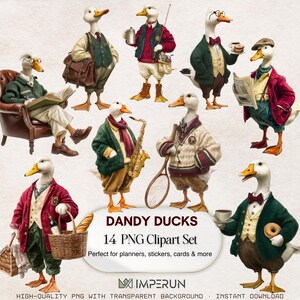Puede incluir: Un conjunto de 14 ilustraciones de patos elegantes, vestidos con trajes y suéteres, con accesorios como gafas e instrumentos musicales. El texto "DANDY DUCKS" y "14 PNG Clipart Set" se muestran. Ideal para planificadores, pegatinas y tarjetas.