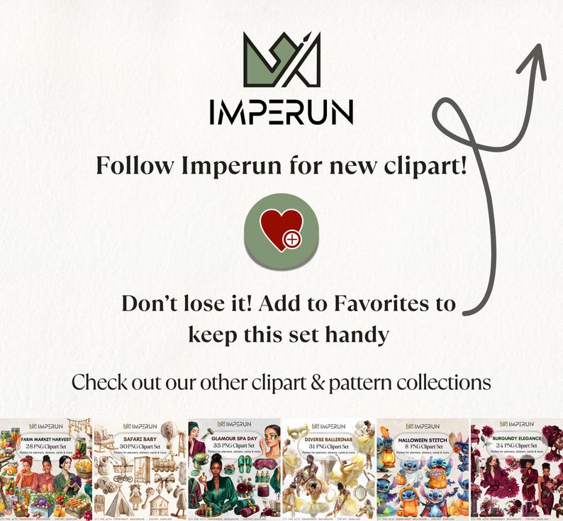 Pode incluir: Um an&uacute;ncio de clip art Imperun. O logotipo est&aacute; no topo, seguido por texto que incentiva os espectadores a seguir para novos clip arts e adicionar aos favoritos. V&aacute;rios conjuntos de clip art s&atilde;o exibidos na parte inferior, incluindo Farm Market Harvest e Halloween Stitch.