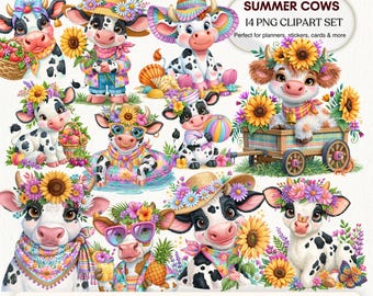 Summer Cows Clipart 14 PNG Set - Sunflower Farm Cow Designs for Crafts (Digital Download)