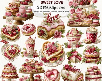 Sweet Love Dessert Clipart 22 PNG Set, Valentines Day Bakery, Cakes, Sweets