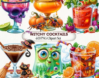 May include: A digital collection of 40 Halloween-themed cocktail illustrations titled WITCHY COCKTAILS 40 PNG Clipart Set. The images feature skull-shaped glasses, beakers with eyeballs, a green monster glass, and drinks decorated with pumpkins, cats, and witches' hats.