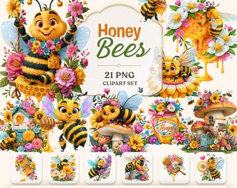 Honey Bees PNG Clipart Bundle | Sweet Bee & Honeycomb Graphics for Crafts and Junk Journals