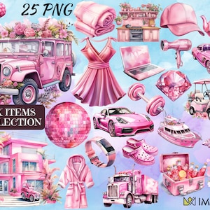 Pink Items Watercolor Clipart: Barbie-Inspired PNG Illustrations (Digital Download)