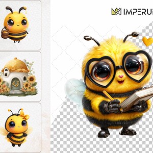 May include: A whimsical illustration of a cartoon bee with heart-shaped glasses, holding a notepad and pencil. The bee is yellow and black, with large eyes. A small yellow heart floats nearby. The image has a cute, friendly aesthetic.