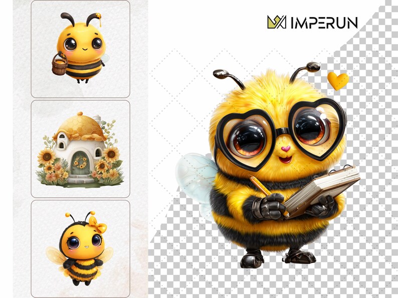 May include: A whimsical illustration of a cartoon bee with heart-shaped glasses, holding a notepad and pencil. The bee is yellow and black, with large eyes. A small yellow heart floats nearby. The image has a cute, friendly aesthetic.