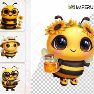 May include: A cartoon bee with a yellow body and black stripes, wearing a sunflower crown and holding a jar of honey. The bee has large eyes and small wings. The image also includes three smaller bee illustrations.