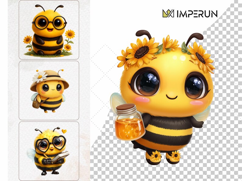May include: A cartoon bee with a yellow body and black stripes, wearing a sunflower crown and holding a jar of honey. The bee has large eyes and small wings. The image also includes three smaller bee illustrations.