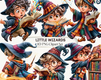 May include: A digital clipart set featuring six illustrations of young wizards in blue robes and pointed hats, interacting with spellbooks and wands. The text reads LITTLE WIZARDS 10 PNG Clipart Set. The characters have brown hair and expressive eyes.